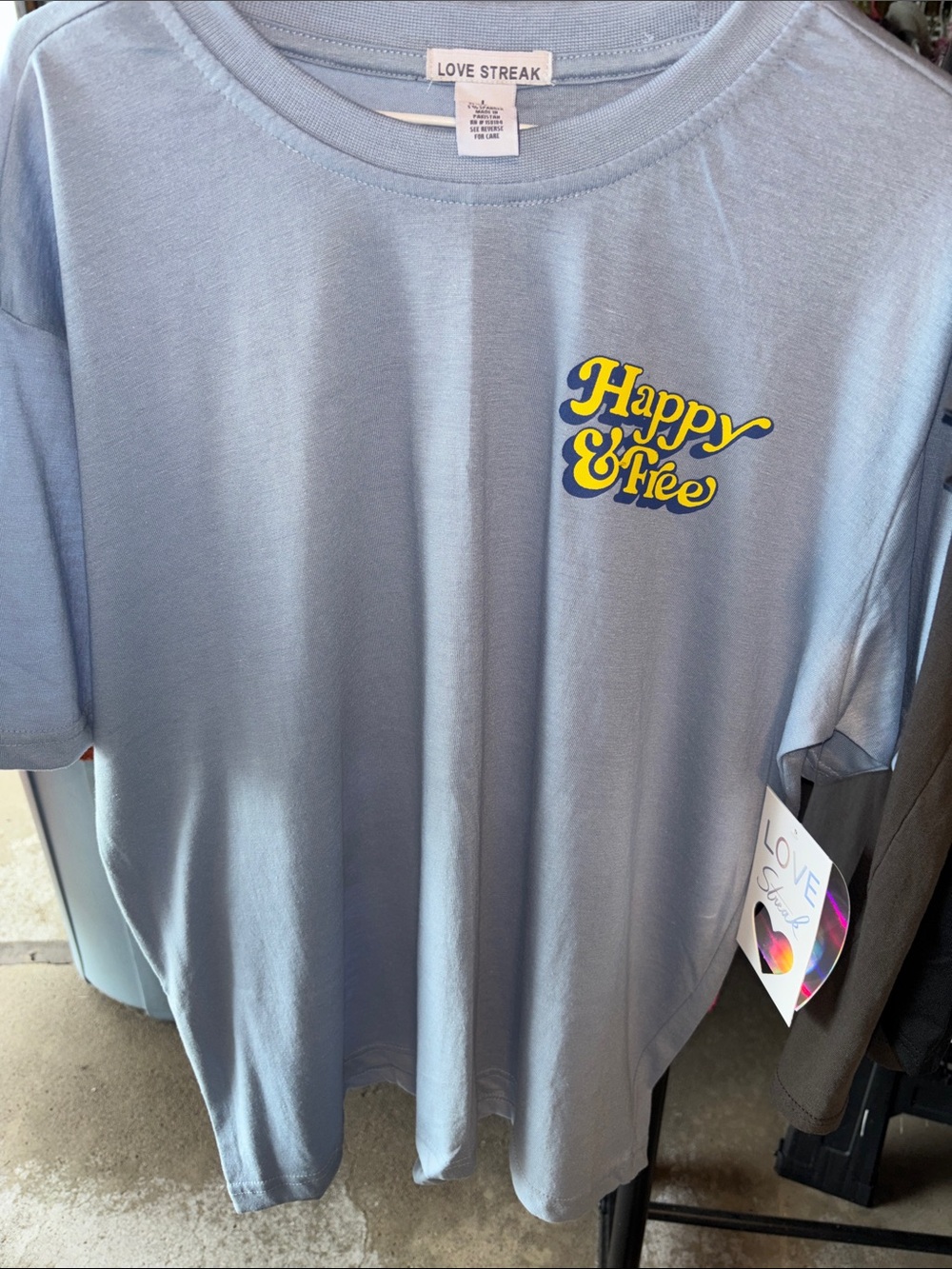 Love Streak “Happy & Free" Light Blue Graphic Tee